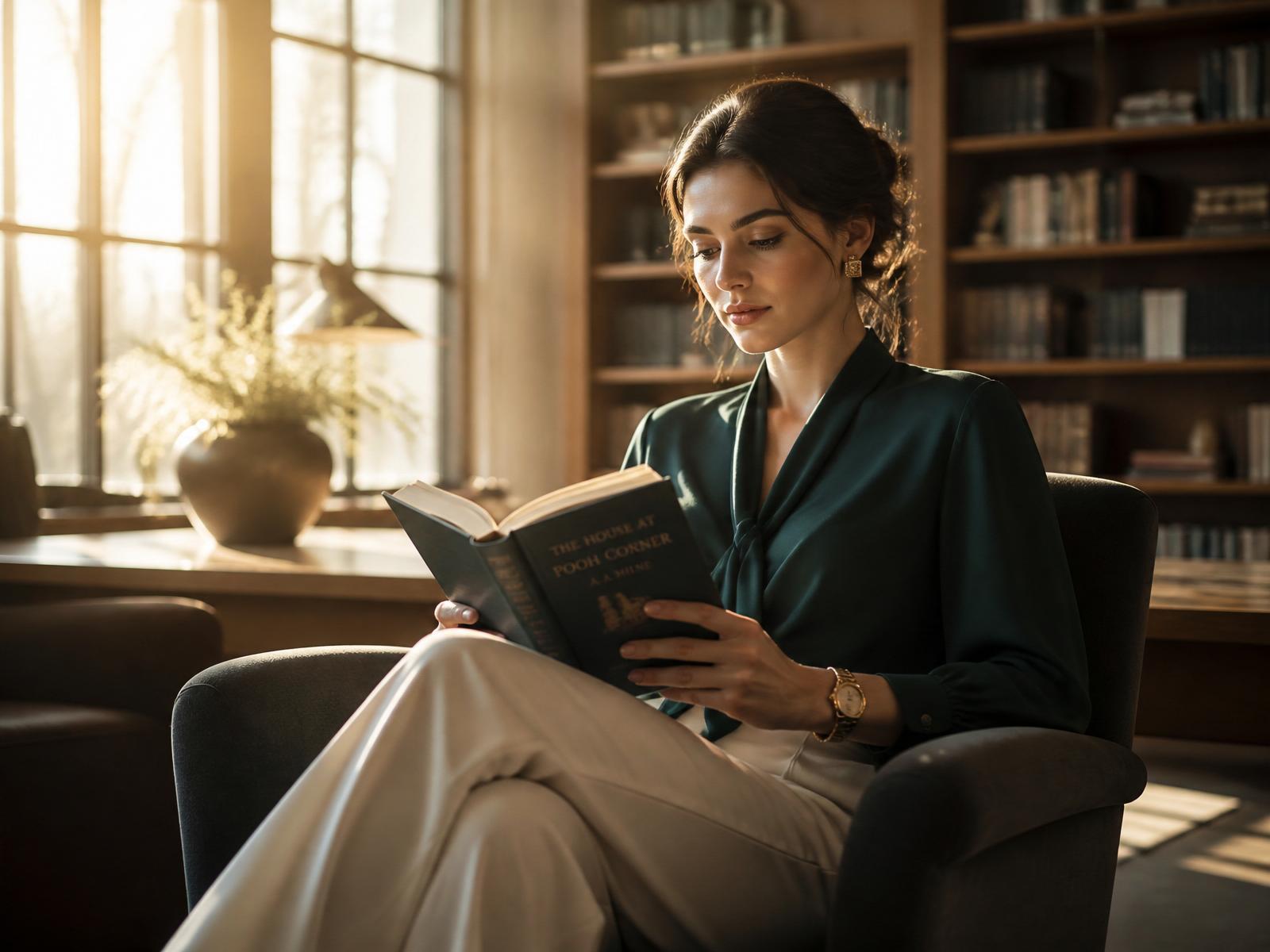 Pessoa lendo um livro em um ambiente de leitura tranquilo, com estante ao fundo